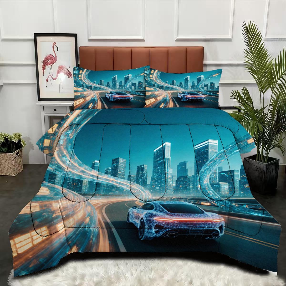 Couette 240x260 Voiture de Sport 3D parure lit microfibre avec 2 taies d'oreiller pour deux personnes