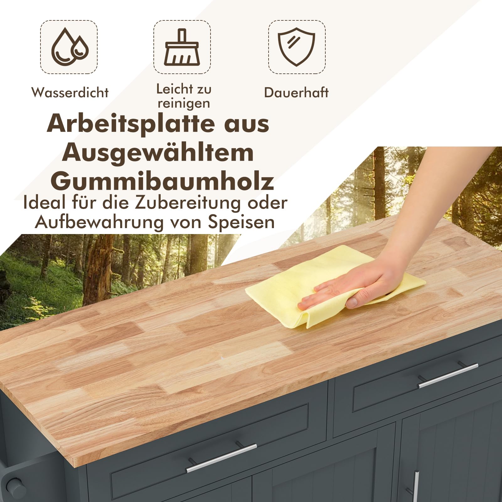 COSTWAY Küchenwagen auf Rollen, Servierwagen mit Arbeitsplatte, 2 Schubladen, Messer- & Handtuchhalter, Küchentrolley Holz, Küchenschrank für Küche, Beistellwagen Kücheninsel (Grau)