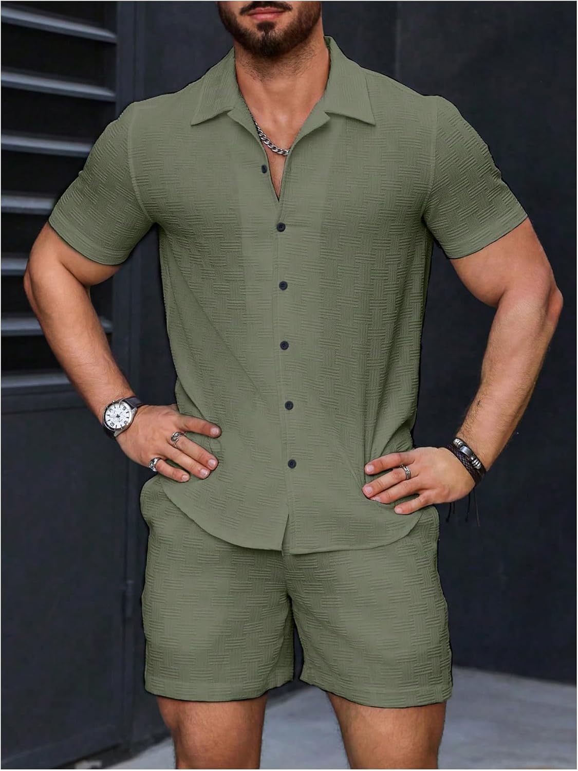GORGLITTER Men's 2 Piece Outfits Waffle Knit Button Down Shirt Top and Shorts Set
