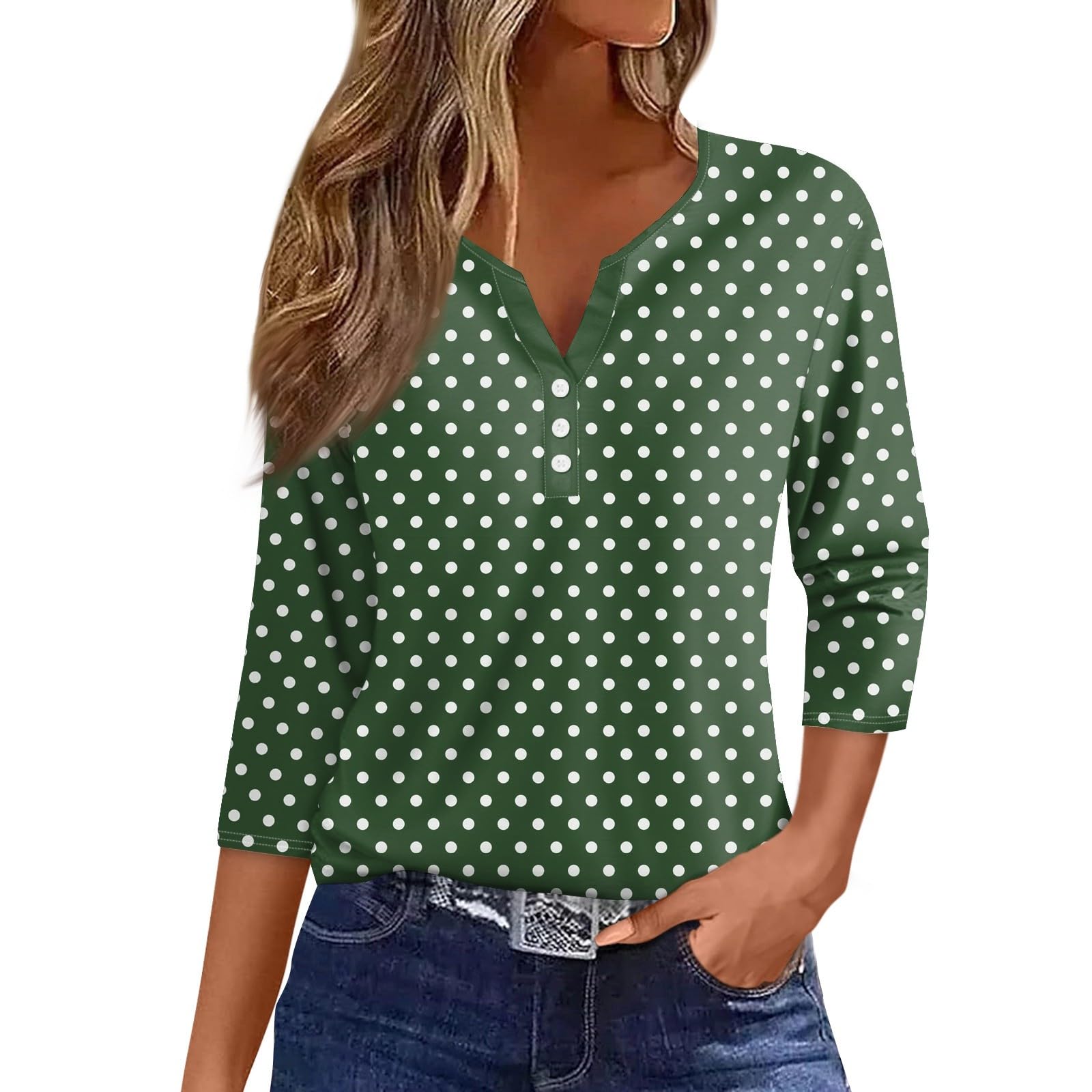 3/4 Length Sleeve Womens Tops Henley V Neck T Shirts Polka Dot Graphic Button Up Shirt Casual Loose Fit Workout Top