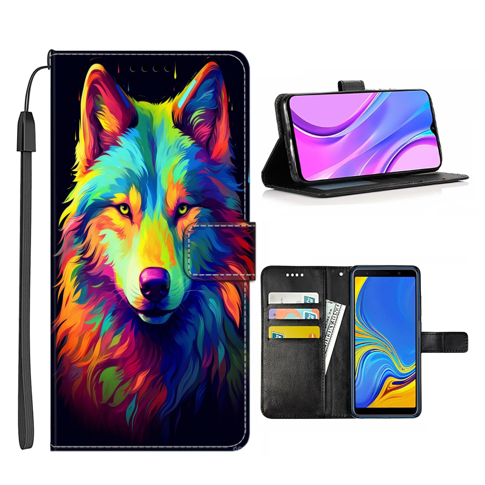 Wallet Case for LG K51S with Wolf Art-aa107 Pattern PU Leather Flip Folio ID&Credit Cards Pocket Lanyard