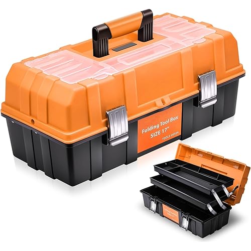 Auto Dynasty Tool Box Organizer Portable 3-layer Folding Toolbox with Non-slip Handle Tray for Garage, Workshop and On-the-Go Repairs, Orange/Black