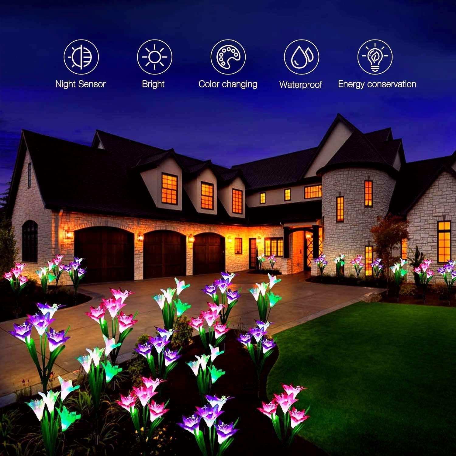 SOLARBABY Solarlampen für Außen Garten,6 Stück Solarleuchten Gartendekoration mit Farbwechselnder LED-Lilie, IP65 Wasserdichte Solarblumenlampen für Garten Rasen Hof Außenbereich