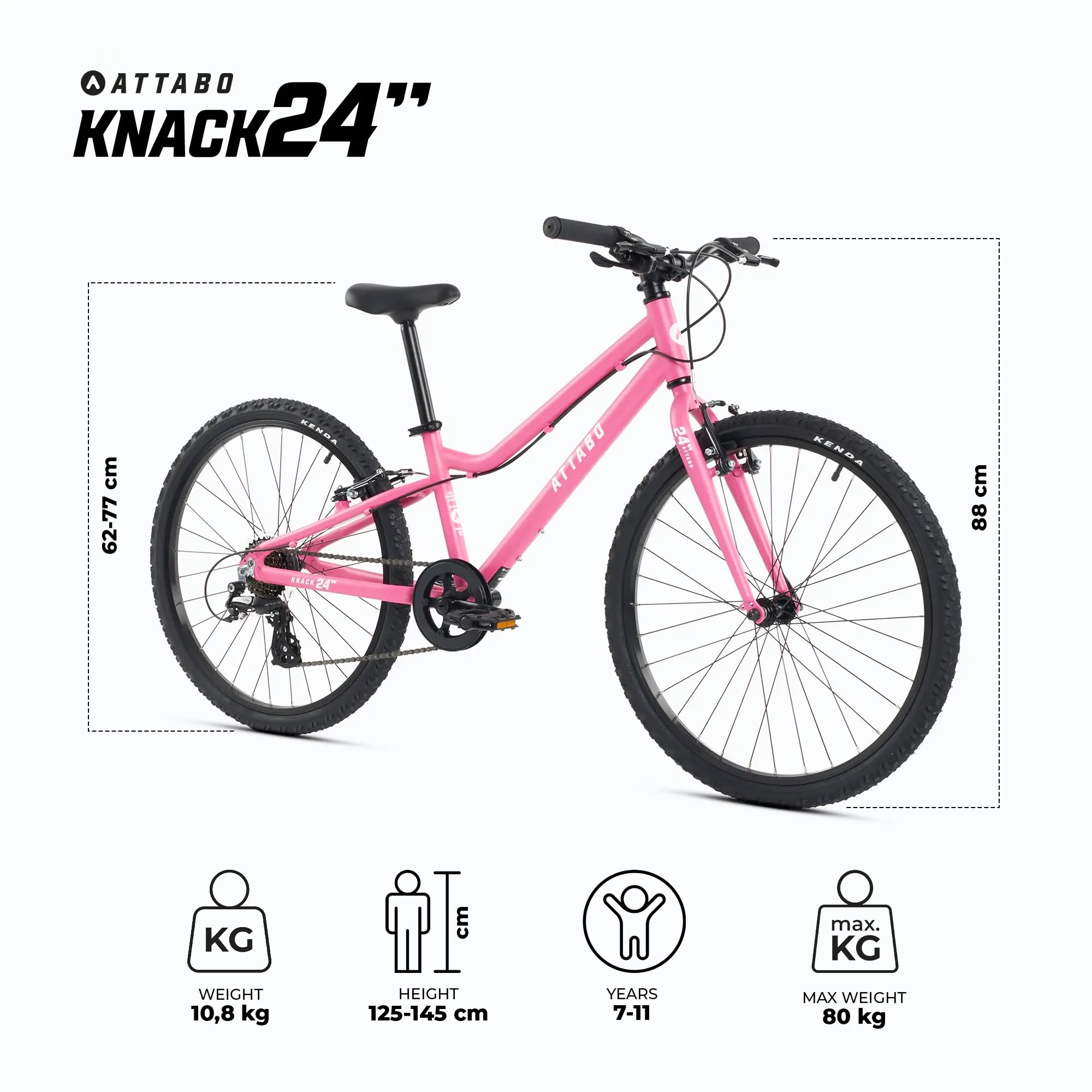 ATTABO Knack 24 - Bicicletta per bambini (7-11 anni) con telaio in alluminio leggero (solo 10 kg), ruote da 24", forcella in acciaio, per 120-145 cm, manubrio ergonomico ideale per escursioni e tempo