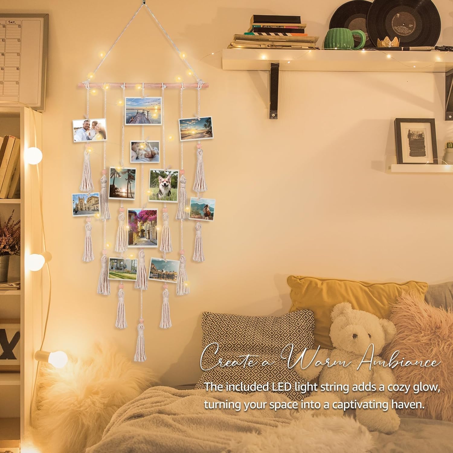 Fotos Aufhängen zum Aufhängen, Bildhalter mit 30 Clips für die Schlafzimmerwand, Organizer Foto Collage Wand Galerieaufhänger mit LED-Lichterkette, Raumdekoration, Geschenke für Mädchen (Weiß)
