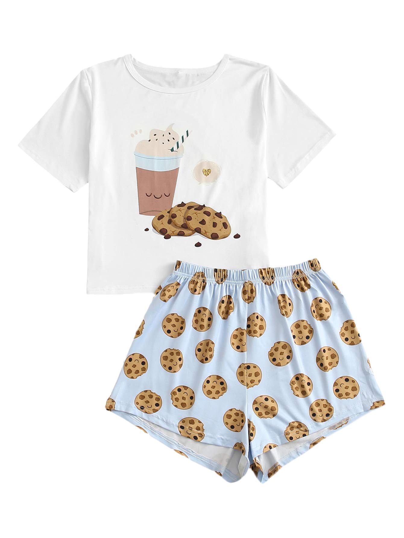 SheIn Women's 2 Pieces Cartoon Printed Tee Top and Shorts Sleepwear Pajama Set
