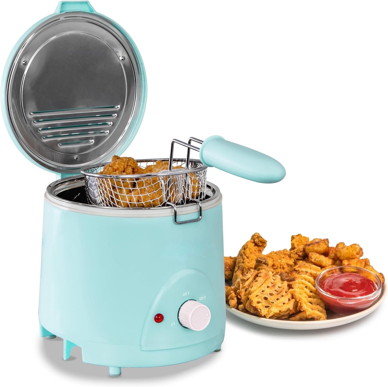 NEW 1.5-QUART DEEP FRYER, BLUE,120°F TO 400°F HEAT, SPACE-SAVING DESIGN, COOK OTHER MEATS, FISH, VEGGIES, CAKES, FRUITS, AND SO MUCH MORE, COOK YOUR FAVORITE DEEP-FRIED FOODS QUICKLY AND EFFICIENTLY.