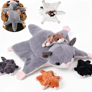 Youthfuljive 5 in 1 Sugar Glider Plush Toy, 21" Cute Mommy Sugar Glider Stuffed Animal with Babies Inside Zipper Pouch Soft Plushie Pillow Toys for Kids Birthday Christmas Graduation Plush Gifts