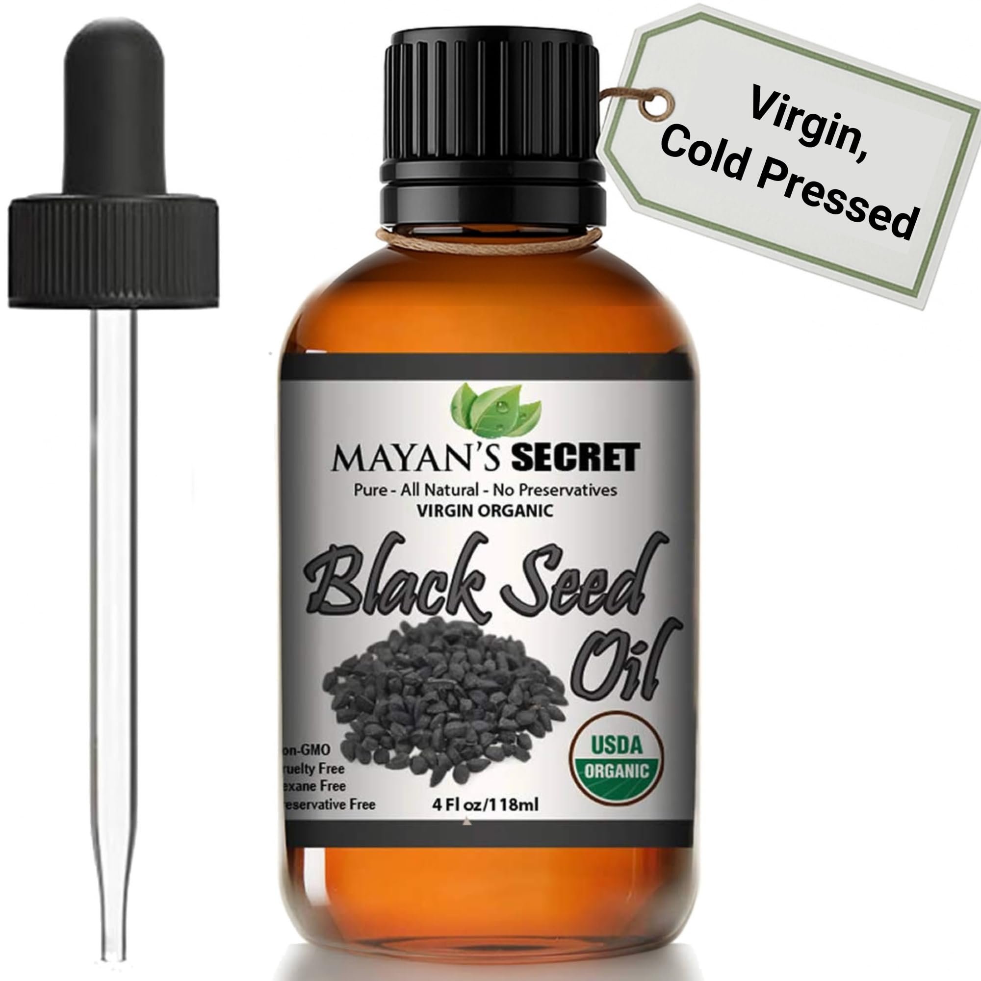 Mayan's Secret - 4oz Cold Pressed Black Cumin Seed Oil Organic USDA Certified -Nigella Sativa Cold Pressed, Virgin, Unrefined, Vegan, Non-GMO, No Preservatives - Omega 3 6 9, for Skin & Hair