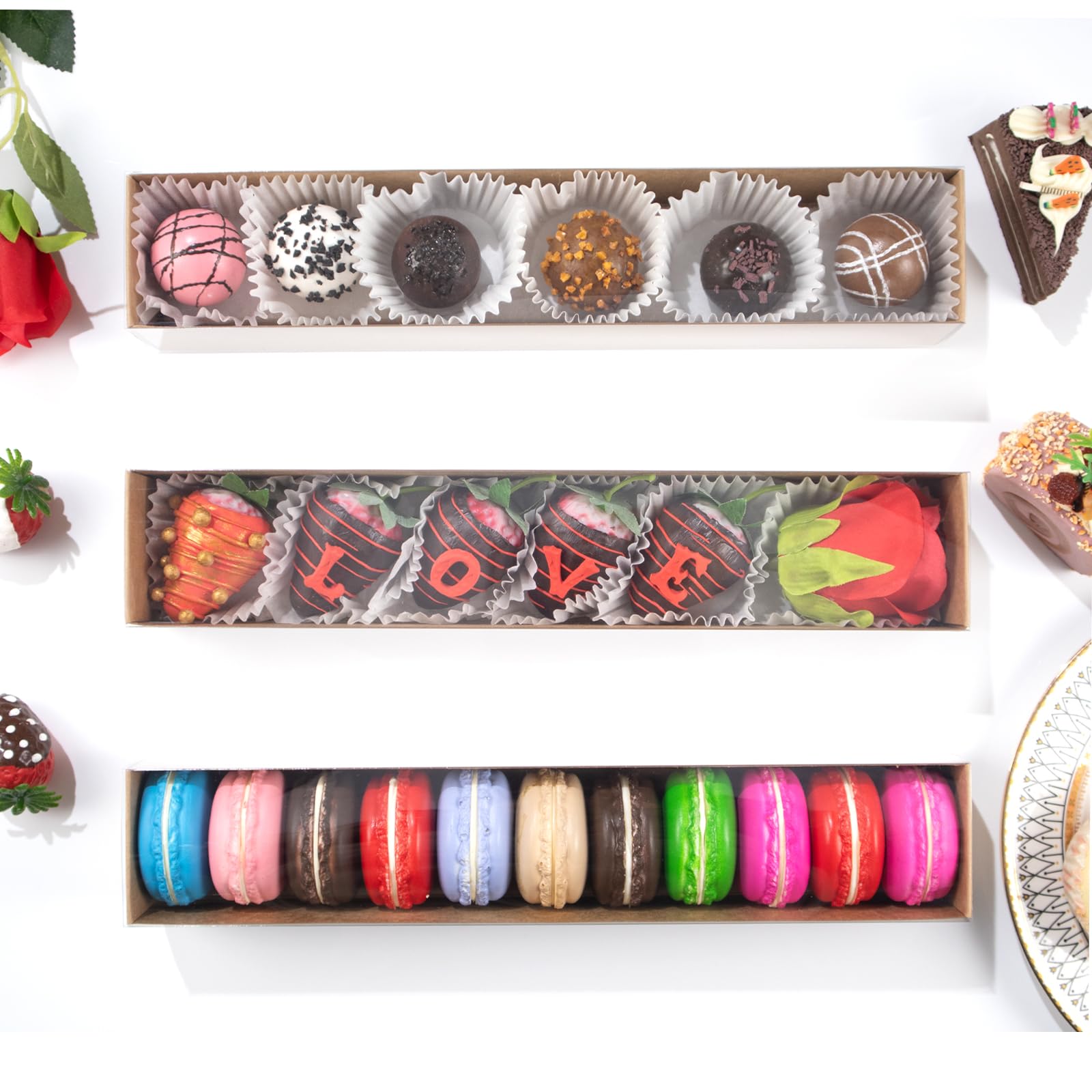 KGVZPT 50 scatole bianche per biscotti da 20 x 15 x 6 cm con finestra, scatole per pasticceria, scatole per fragole ricoperte di cioccolato, fragole, muffin