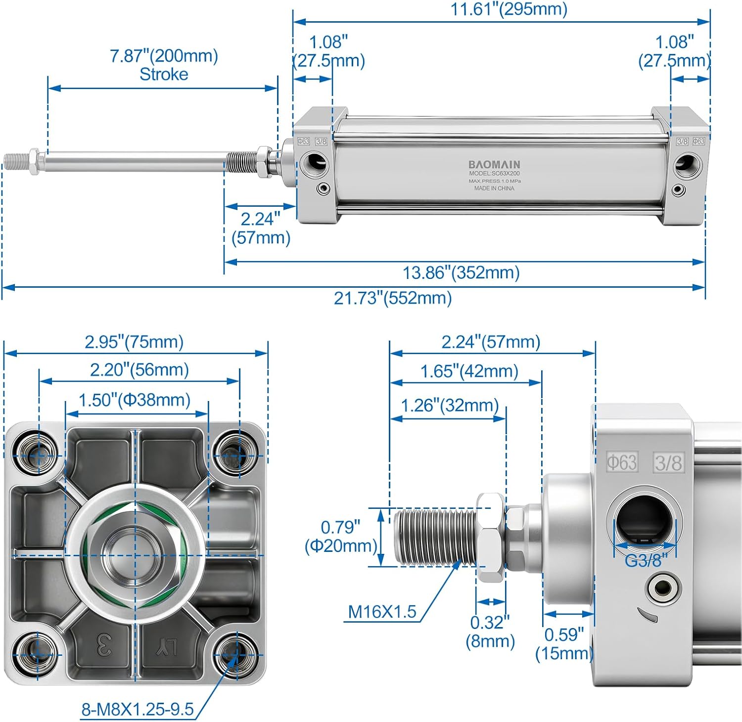 Baomain Pneumatic Air Cylinder SC 63 x 200, PT 3/8 Port, 2-1/2" Bore, 7.87" Stroke, Single Rod Double Acting, M16x1.5 Threaded Rod, with 2X Push-in Fittings