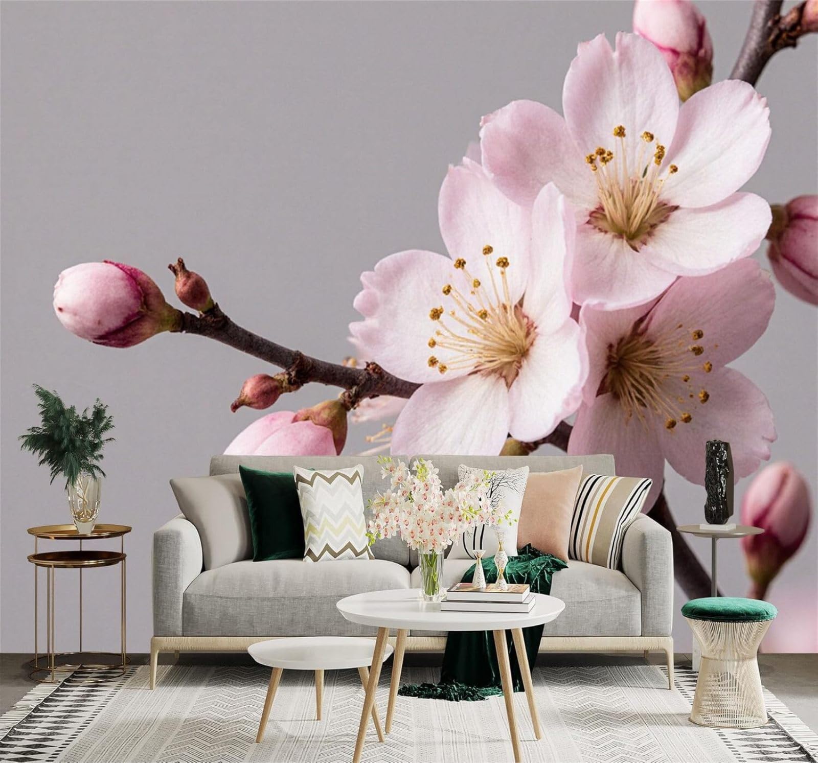 Tzxztt Beautiful Pink Cherry Blossoms Buds Branches Grey Background Modern 3D Wallpaper Premium Textured Silk Neutral Tones Material Ideal for Living Room Bedroom-430cm×300cm