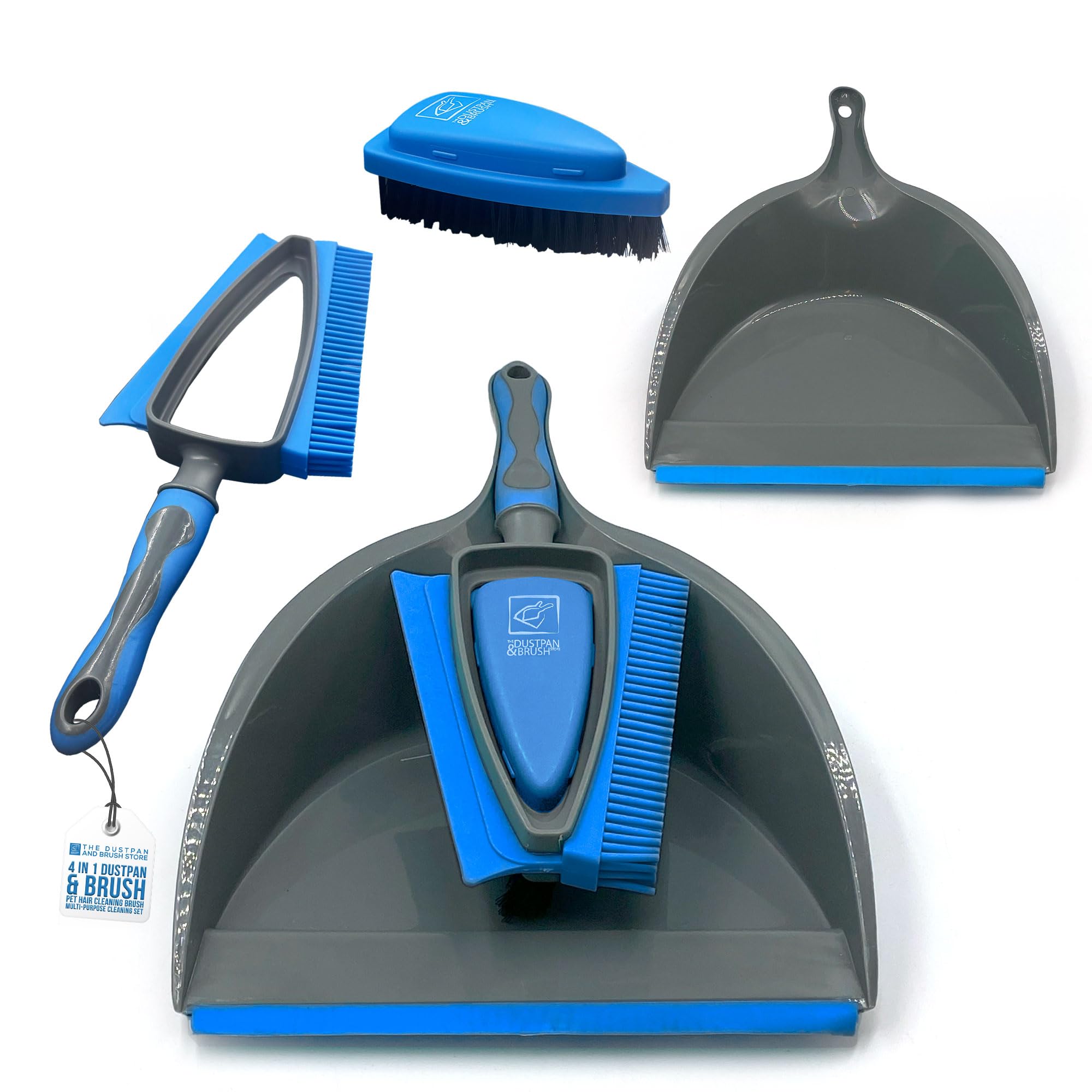 4 in 1 Dustpan and Brush Set - Clean all Mess on all Surfaces with Built in Squeegee, Rubber Bristles and Scrubbing Brush - Perfect for Carpet and Hard Flooring