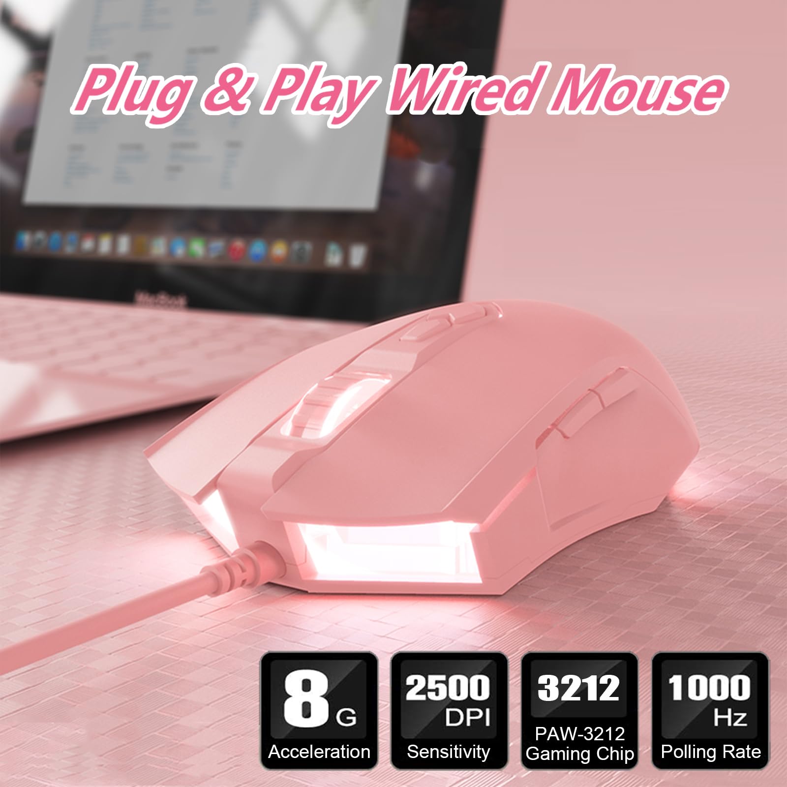Lomiluskr AJ52 przewodowa mysz do gier, 7 programowalnych przycisków, myszy komputerowe z podświetleniem RGB LED, regulacja 200-4800 DPI, do Windows/Mac OS/Linux (różowa)