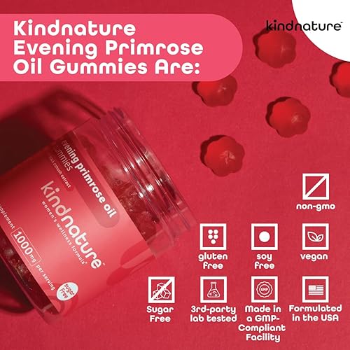 Miniatura 6 de kindnature Gomitas de aceite de onagra para mujer, 1000 mg con extracto de cohosh negro, equilibrio hormonal, síndrome premenstrual y apoyo para la