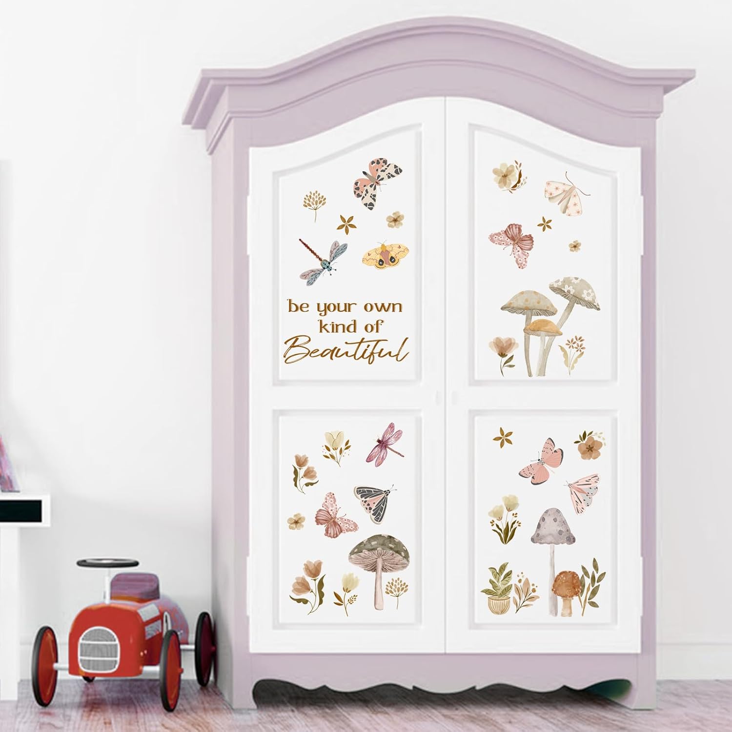Mfault Boho Floral Mushroom Wall Decals Stickers, Inspirational Be Your Own Kind of Beautiful Butterfly Decorations Bedroom Art, Whimsical Botanical Flower Dragonfly Home Living Room Kitchen Decor