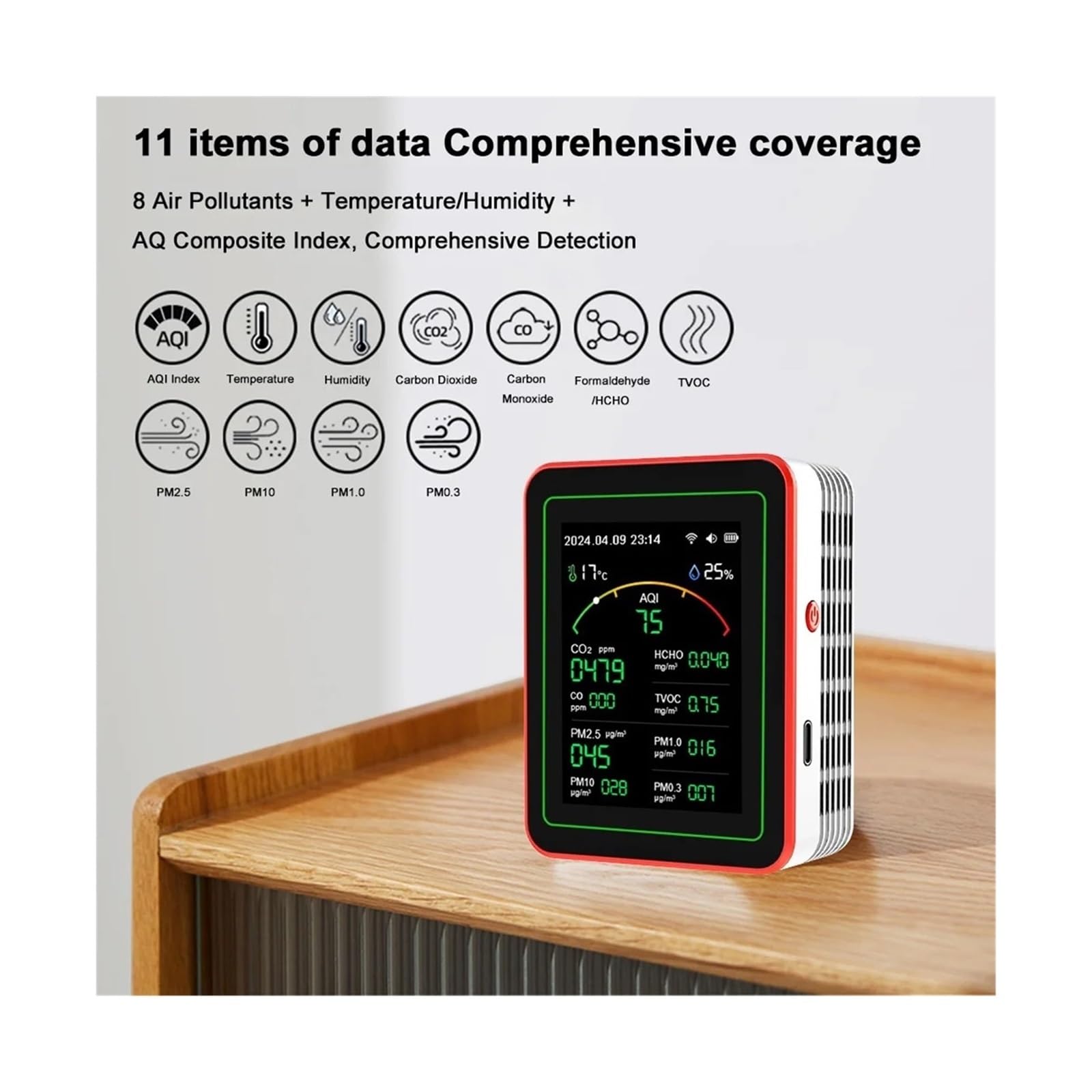 Air Quality Monitor, 15 In 1 Monitor A Qualità 'aria Rilevatore Di CO2 For Interni Formaldeide HCHO TVOC Tester LCD Umidità A Temperatura Allarme Misuratore(Black)