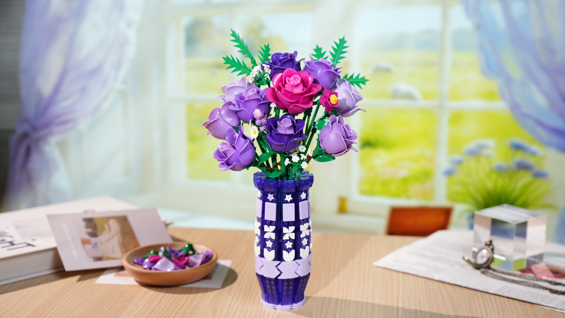 Amazon.com: CUBIMANA Purple Roses Flowers Building Set with Vase