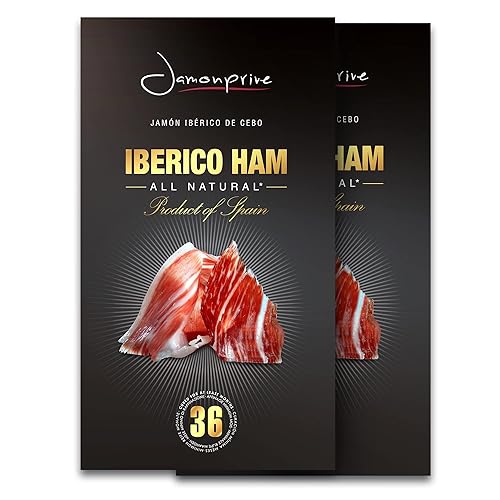 Jamón ibérico español en rodajas (4 onzas) Jamonprive  Jamón español ibérico alimentado con pasto (Pata Negra) sin nitratos ni nitritos, todo