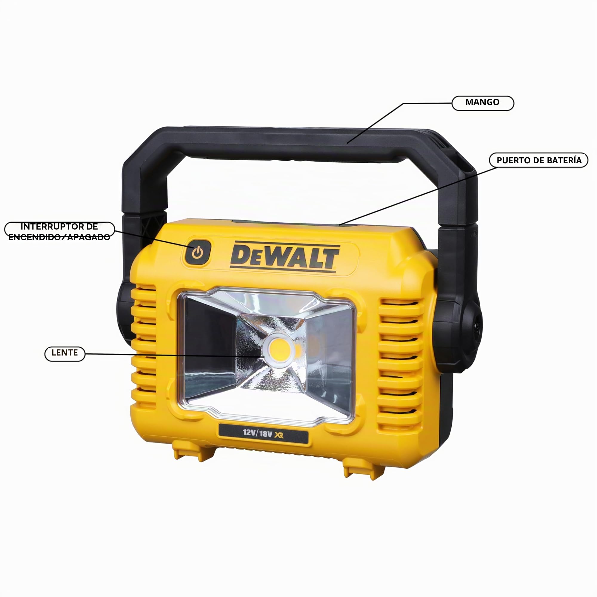 DEWALT DCL077-XJ -Luz LED Compacta XR 18V/12V, 3 Niveles de Brillo, Mango Multi-Posición, Compatible con Baterías XR 12V, XR 18V y XR 54V, Sin Batería ni Cargador