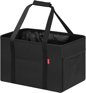 LHZK Standing Utility Tote Bag with Metal Wire Frame and the Sides Rinforced, Large Tote Bag with Handle, Reusable Grocery Bags Foldable, Beach Bag, Car Tote Black, 18.5x11.8x11.5