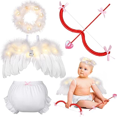 Hiwooii Juego de 4 piezas de disfraz LED de Cupido para el día de San Valentín con diadema de halo de ángel brillante espadas de arco de cupido alas