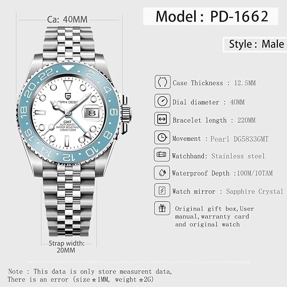 Pagani Design GMT Men's 40 mm Automatic Watch Sapphire Glass Stainless Steel 100 m Water Resistance Analogue Watch Mechanical Watches Gift Watch for Men