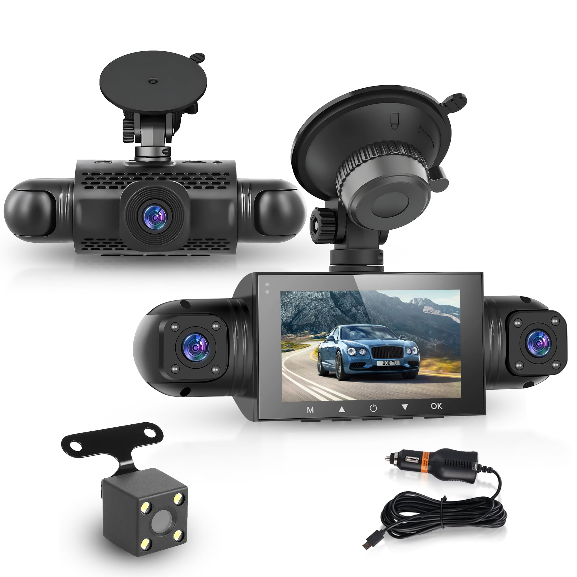 Rimoody Dashcam para Coche 4 Canales 360°, 3 Pulgadas Pantalla IPS, Visión Nocturna, Cuatro Cámaras, Detección de Gravedad, Monitoreo de Estacionamiento, Grabación en Bucle, Compensación de Exposición