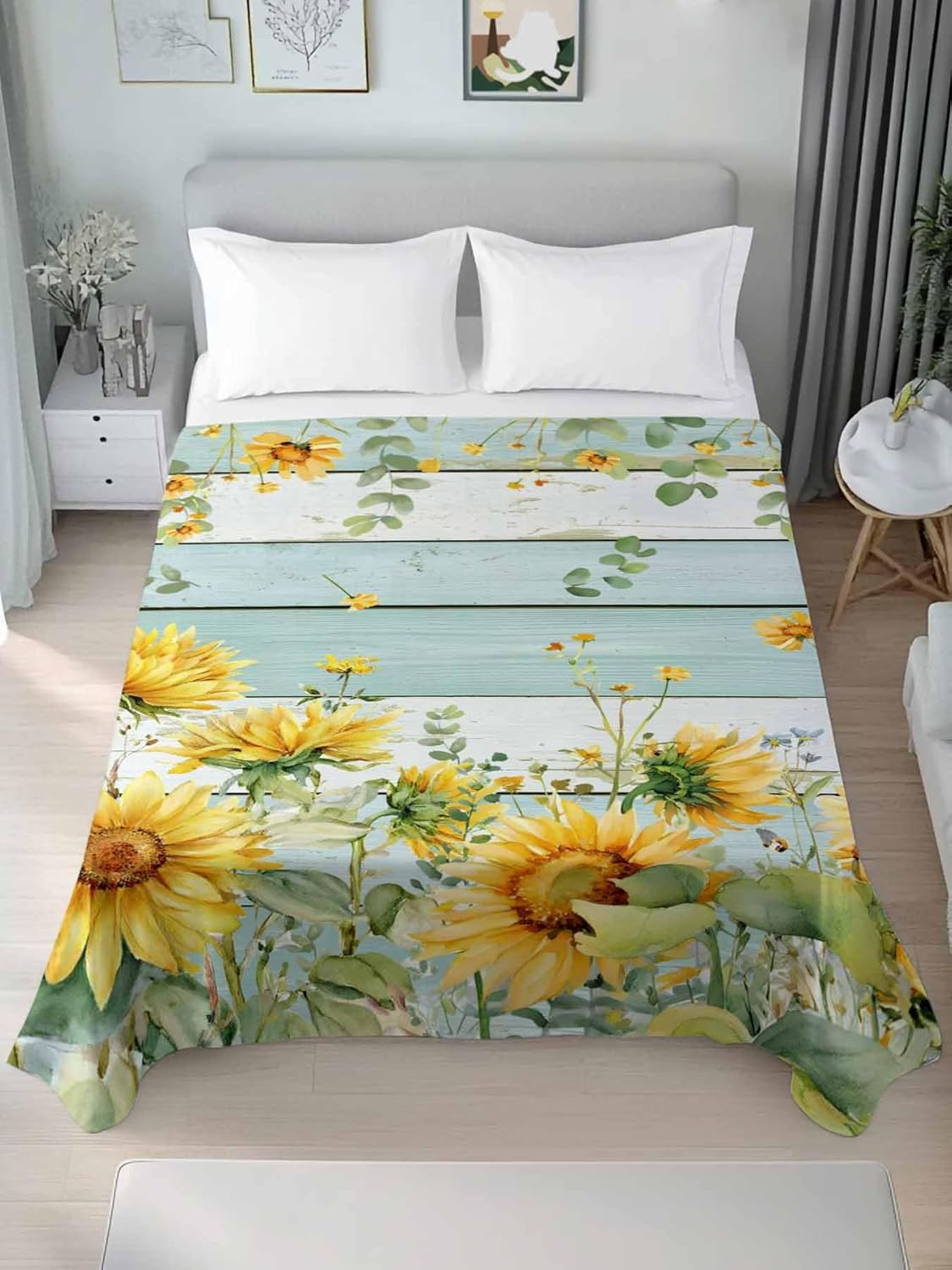 Top Sheet Full Bedding Flat Sheet Only, Rustic Sunflower Leaf Plant Microfiber Bed Sheets Soft Breathable Bedding Flat Sheets, Teal Wood Board Hotel Luxury Top Sheets
