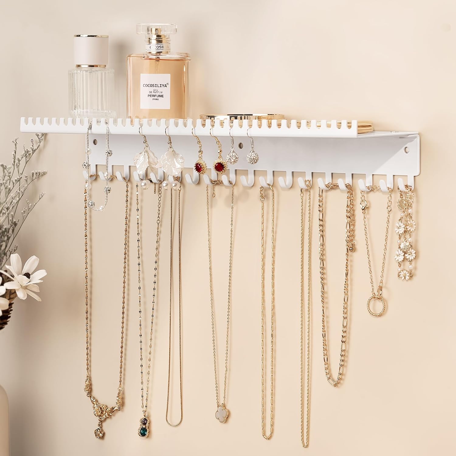 Wall-Mounted Jewelry Necklace Organizer with Hooks and Shelf, Black