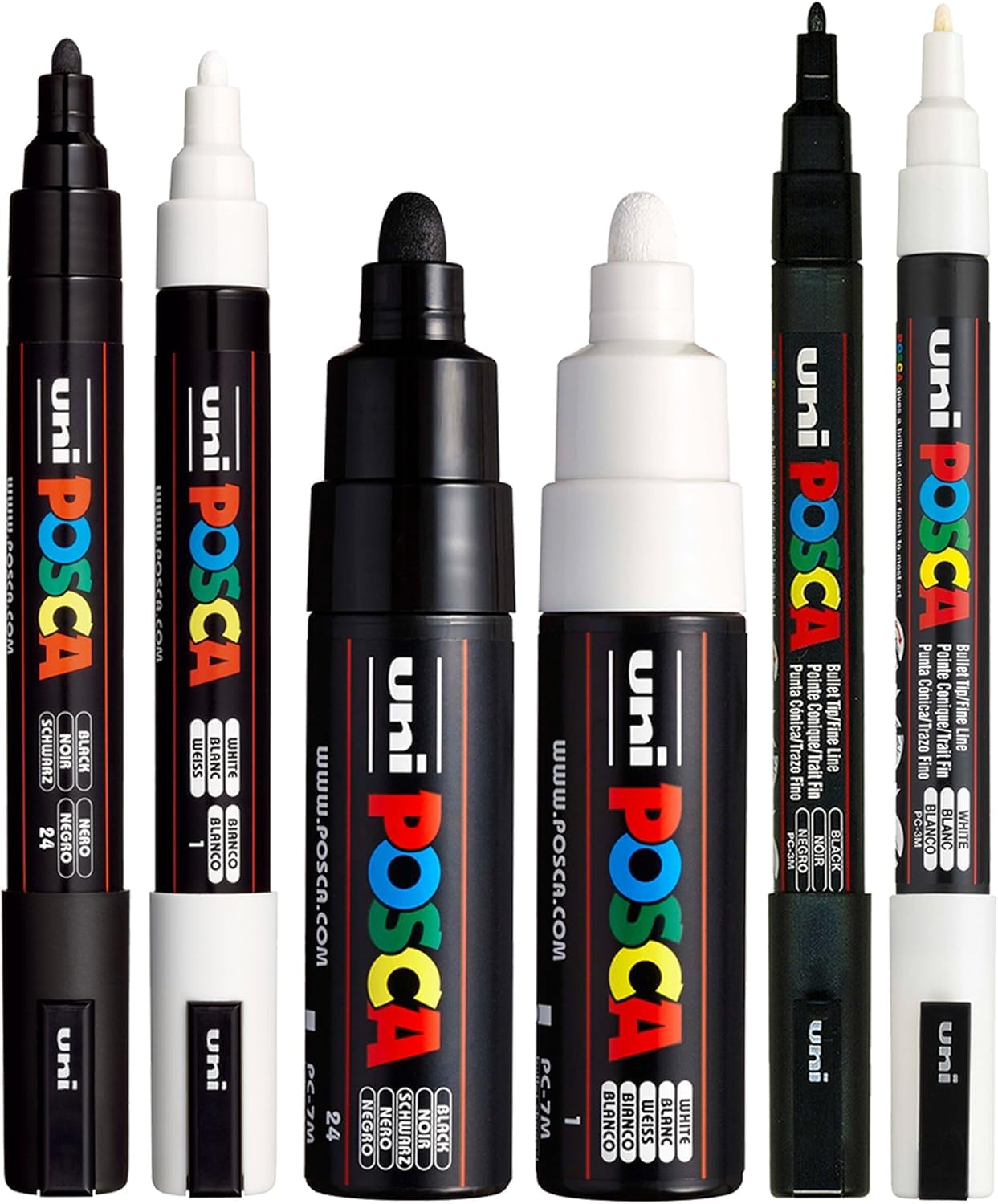 Posca Ensemble de 6 marqueurs à pointe ogive, coloris noir et blanc (PC-5M, PC-7M, PC-3M)
