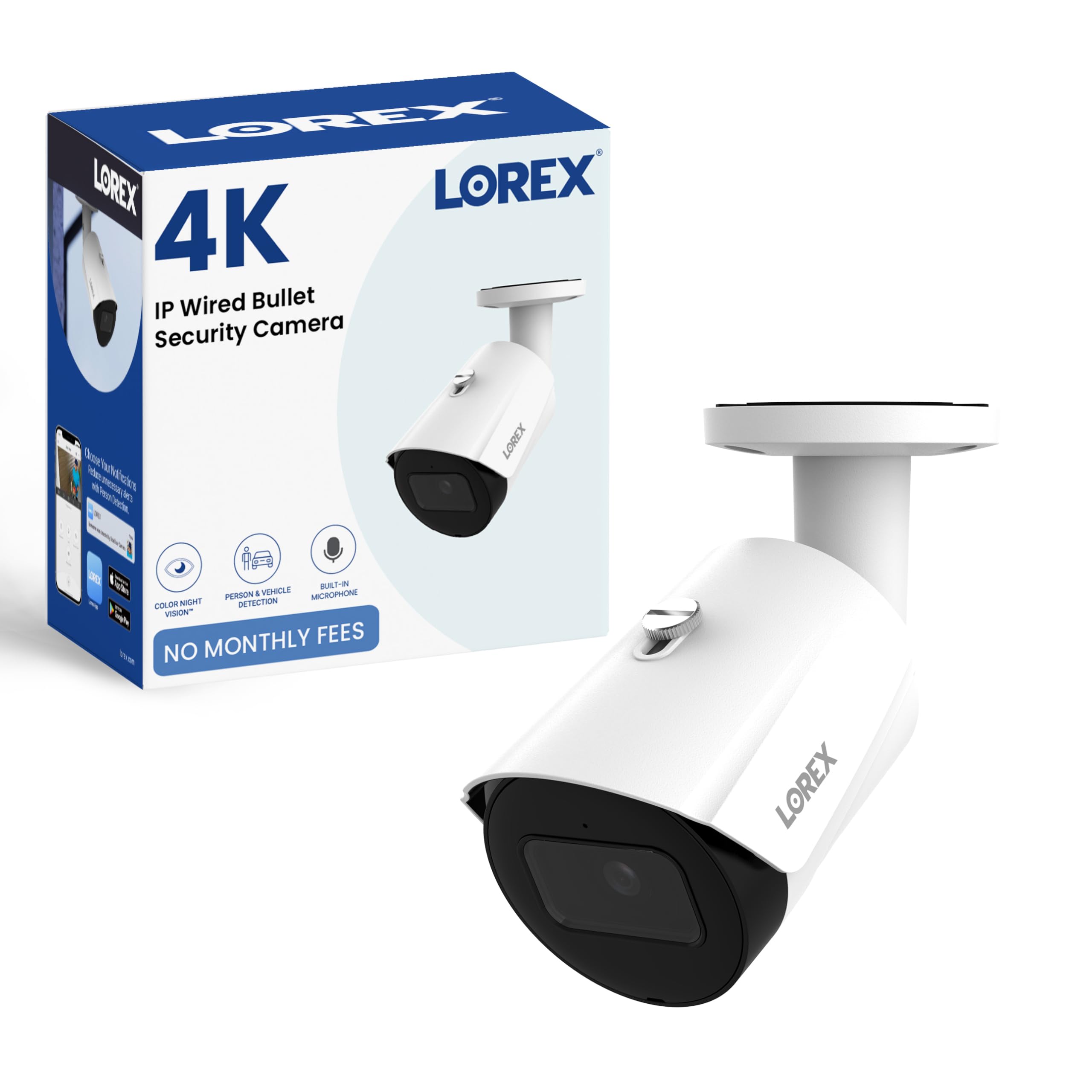 Lorex 4K 8MP IP Bullet PoE White Wired Security Camera | Add-On Camera | Color Night Vision | Smart Motion Detection (Person/Vehicle) | Listen-in Audio | IP67 Weatherproof | Metal Housing