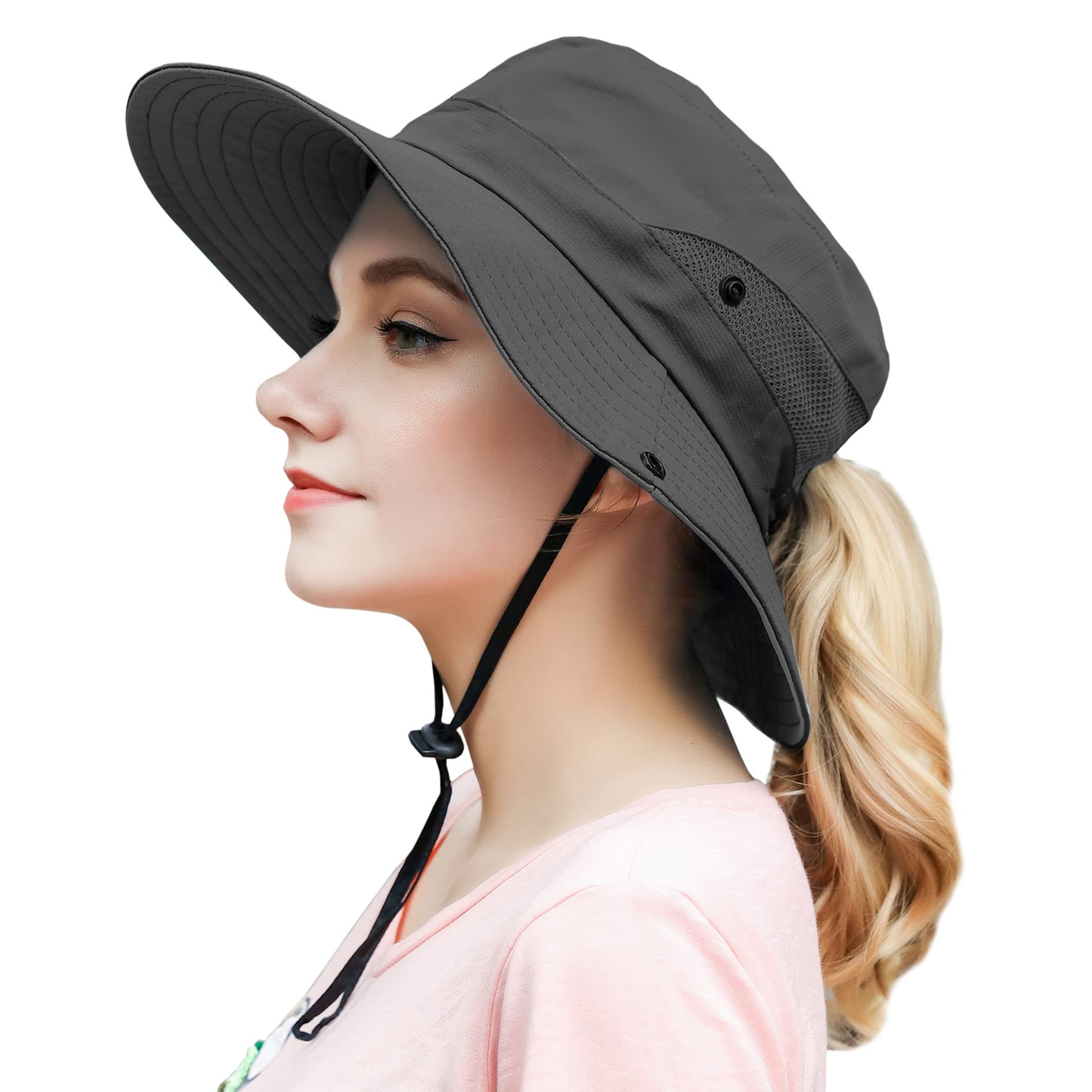 Women's Outdoor Summer Sun Hat UV Protection Mesh Wide Brim Foldable Beach Fishing Hats with Ponytail Hole