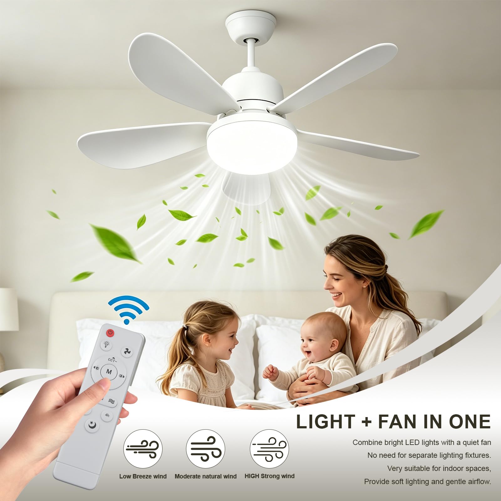 Ventilateur de Plafond avec Lumière et Telecommande, 52CM 40W Ventilateur de plafond silencieux E27 avec 3 niveaux, lampe LED dimmable, 3 Vitesses, minuterie 2/4h, 5 Pales,52*52*18.5cm (A+B22)
