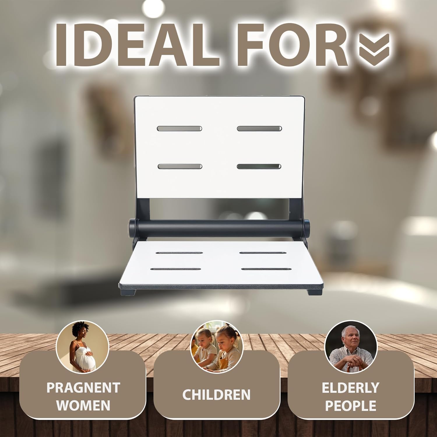 Folding Shower Seat with Back - ADA Wall Mount Bathroom Bench for Adults Seniors Disabled Bariatric Comfort/Durable White Phenolic Resin/304 Stainless Steel/Supports 500 lbs/Matte Black/ 26" x 16"