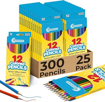 Rosmonde Colored Pencils Bulk 25 Pack | 300 Pencils, 12 Bright Colors | Assorted Pre Sharpened Colors Set, Easy Grip, Ready to Use Pencils for Teachers, Classroom, Art Stations & Coloring Projects