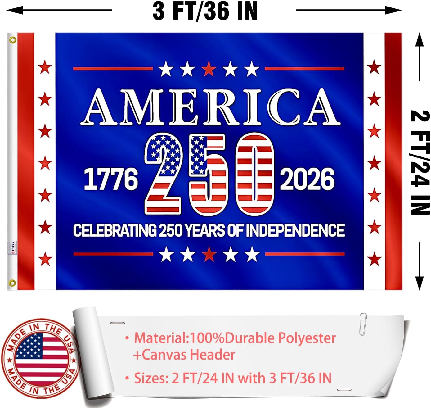 250 Anniversary USA Flag 2x3 Made in USA- Double Sided 3-Ply 250 year american anniversary flag Heavy Duty - UV Protection & Fade Resistant & 2 Brass Grommets - usa 250th anniversary merchandise