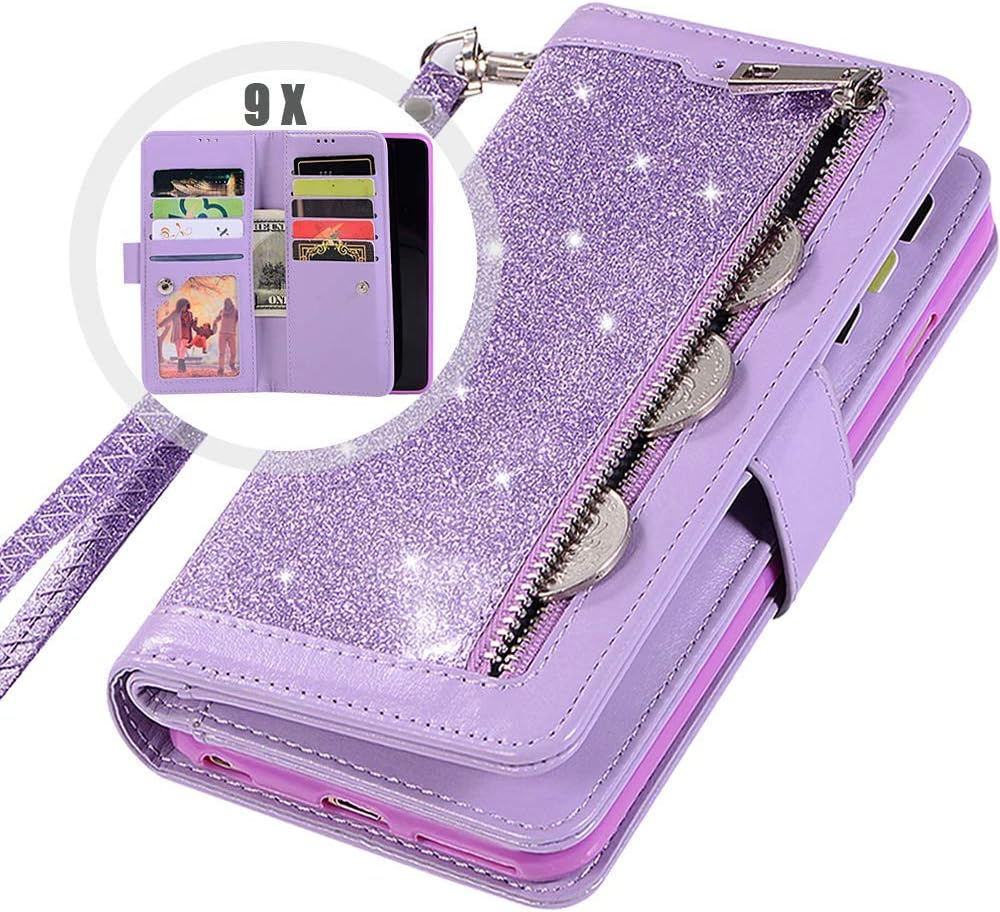 Galaxy S10 Plus Wallet Case with Strap for Women,Auker Sparkly Protective Bling Glitter Leather Flip Stand Magnet Wallet Case w/Trifold 9 Card Holder&Money Pocket for Samsung Galaxy S10 Plus (Purple)