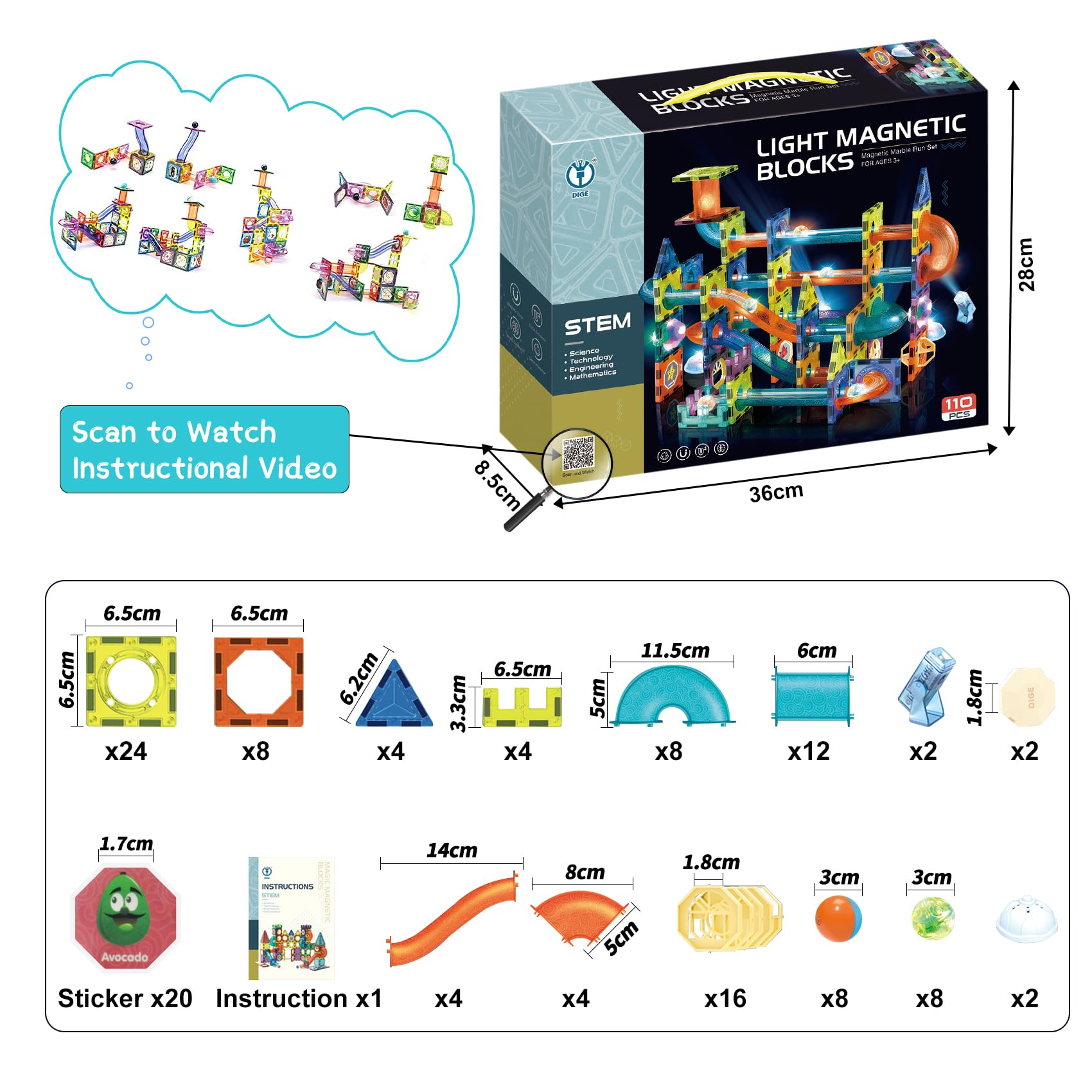 Costruzioni Magnetiche Luminose, 110 Pezzi 3D Giochi Magnetici per Bambini STEM Giocattoli Educativi Creativi con Blocchi, Traccia e Sfere per Ragazzi e Ragazze Regalo Età 3+
