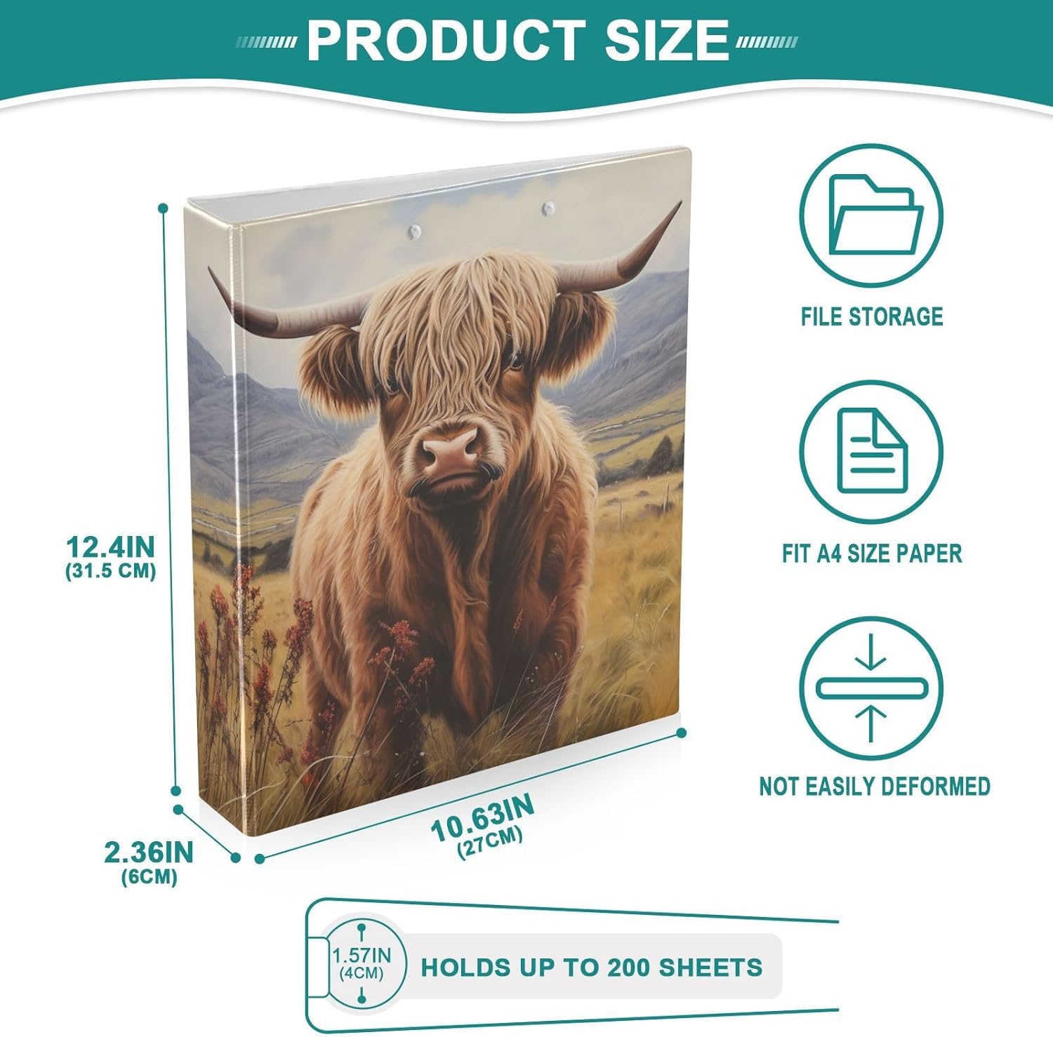JIPONI 3 Ring Binder Highland Cow and Weeds 1 Inch Round Binders for Men Women Students, Cute File Organizer for Office School, 1pc