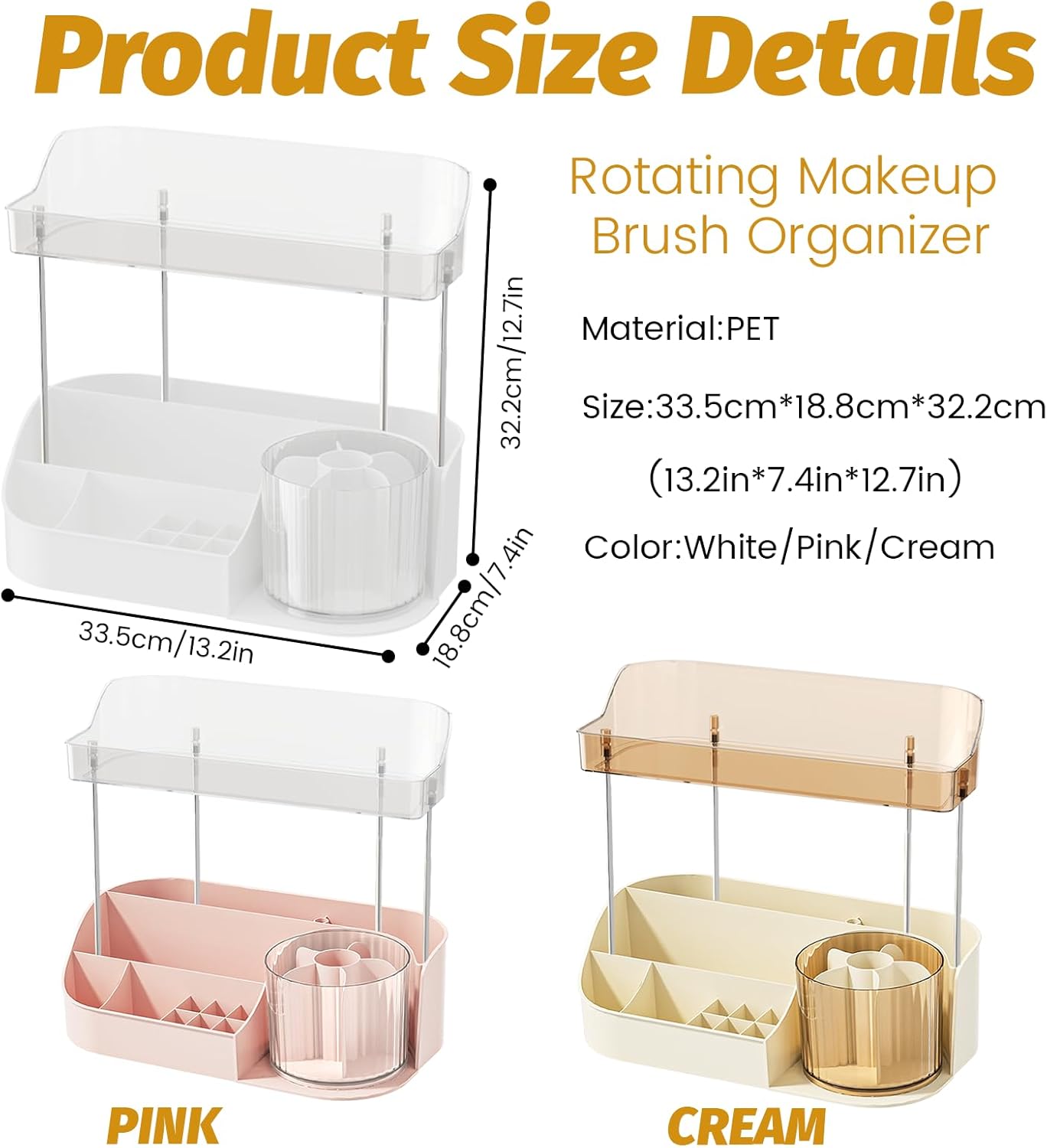 DASITON Large Capacity Makeup Organizer with 360° Rotating Makeup Brush Holder, Perfume and Skincare Storage Organizers for Vanity Bathroom Countertop, Cosmetic Display Case (White, 2 Tier)