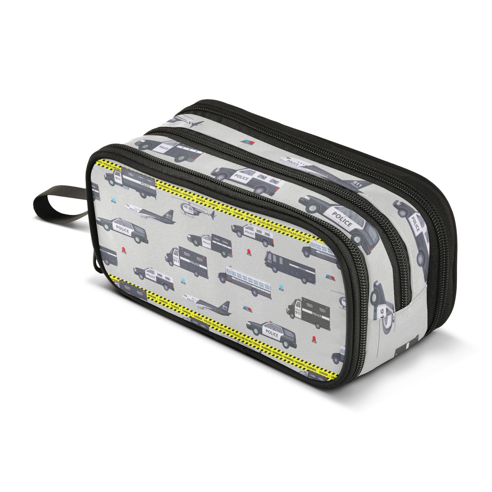 ZAZYXTJ Police Car Large Capacity Pencil Case 3 Compartment Pen Pouch Storage Canvas Makeup Bag for School Office Teen Girl Boy Men Women