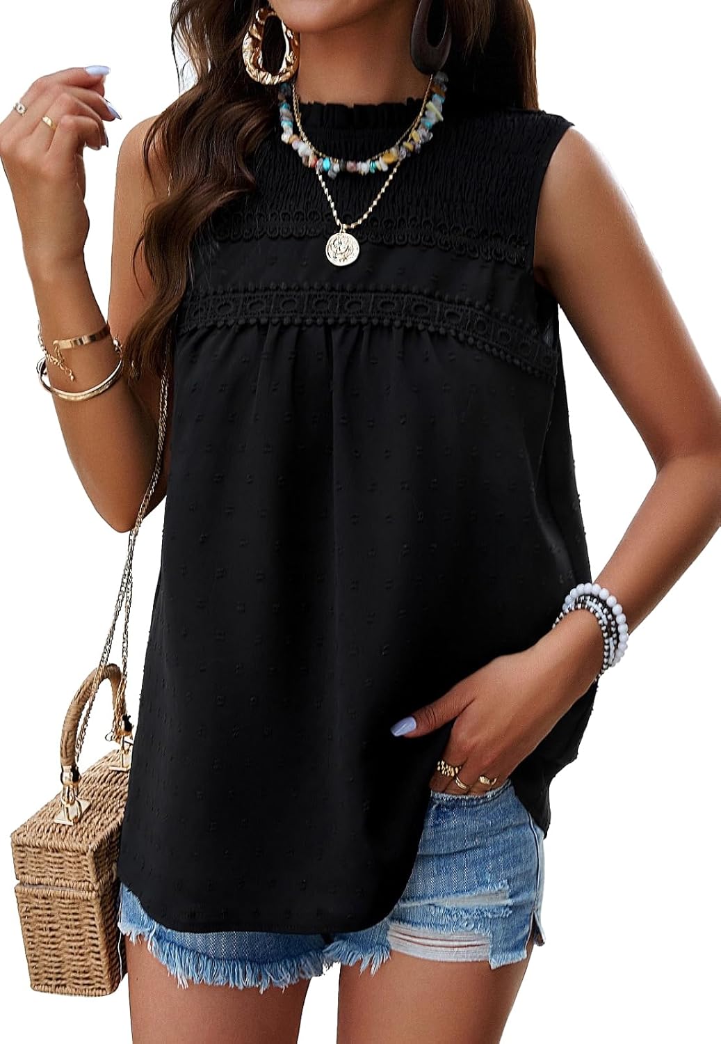 Womens Summer Tank Tops Casual Sleeveless Shirts Loose Fit Halter Neck Swiss Dot Chiffon Blouses Flowy