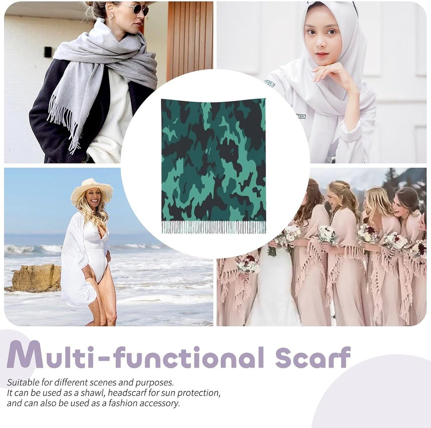 Teal Camouflage Scarf for Women Men Soft Warm Fashion Blanket Scarves Classic Cashmere Feel Scarf Long Shawl Large Scarves Cold Weather Thick Blanket Scarfs