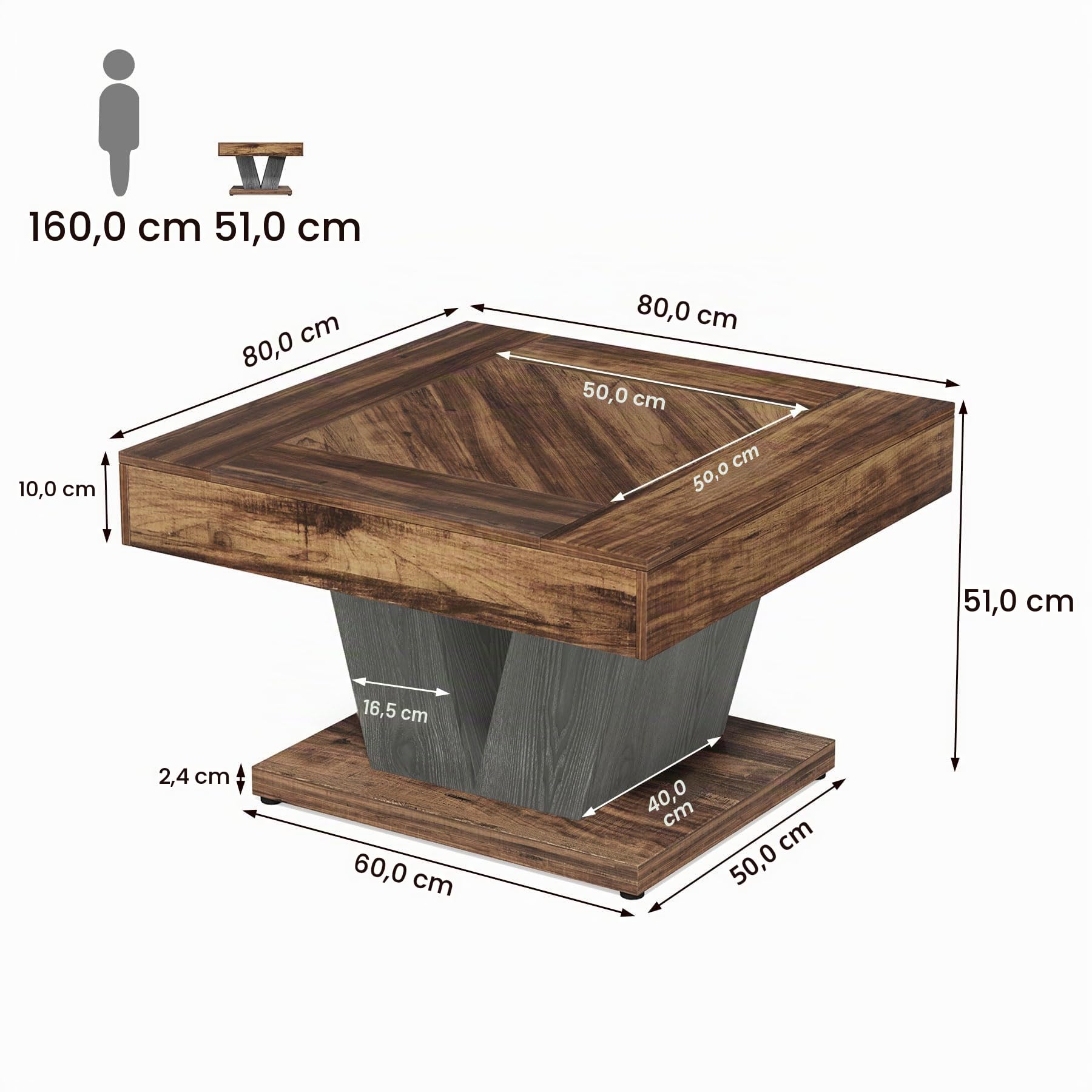 Tribesigns Tavolino da caffè quadrato, tavolino da caffè in legno per soggiorno, 80 cm, moderno tavolo da tè, tavolino da tè, tavolo d'accento, rustico, marrone e nero