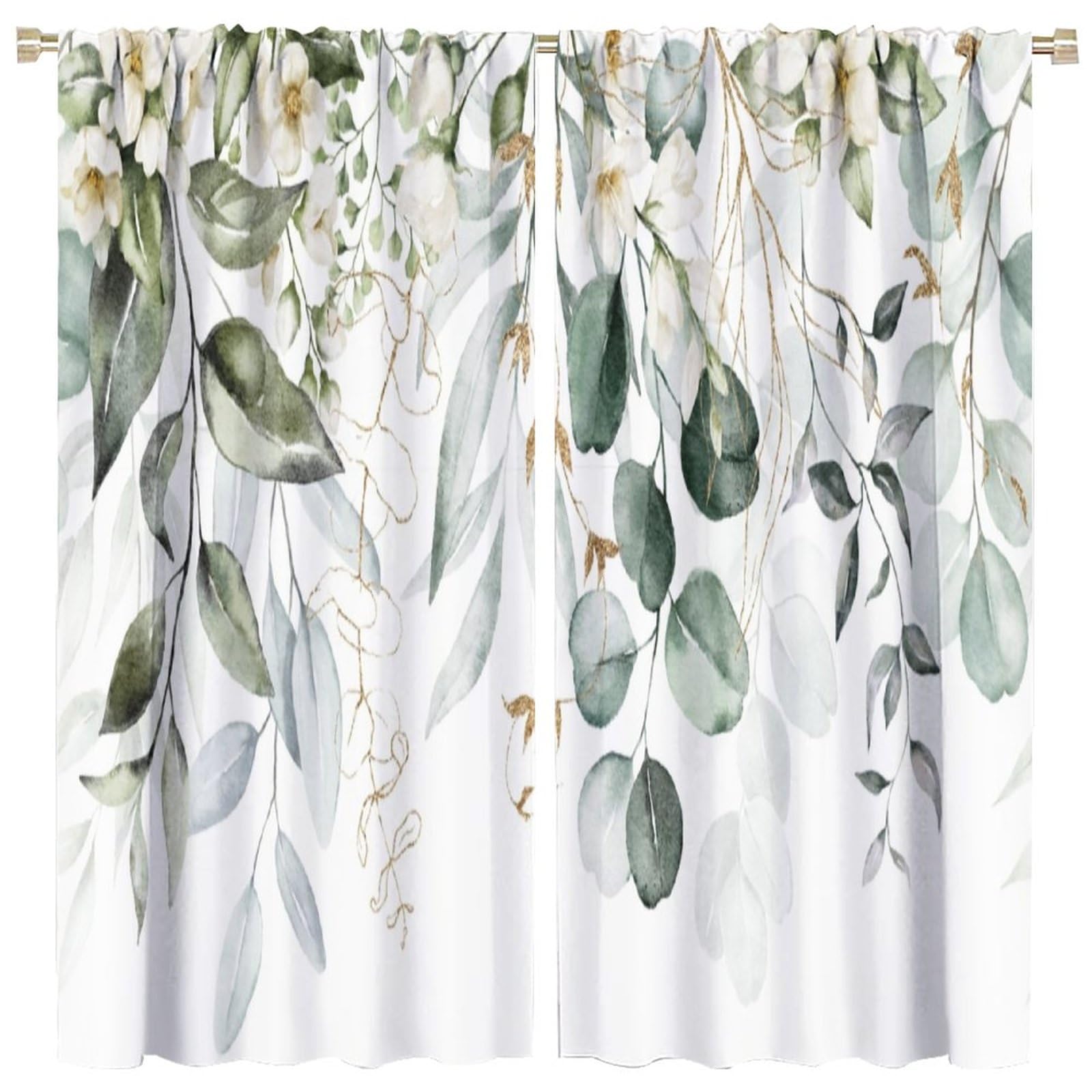 Green Eucalyptus Leave Curtains Watercolor Floral Spring Botanical Blackout Print Rod Pocket Window Drapes for Bedroom Living Room 42x54in