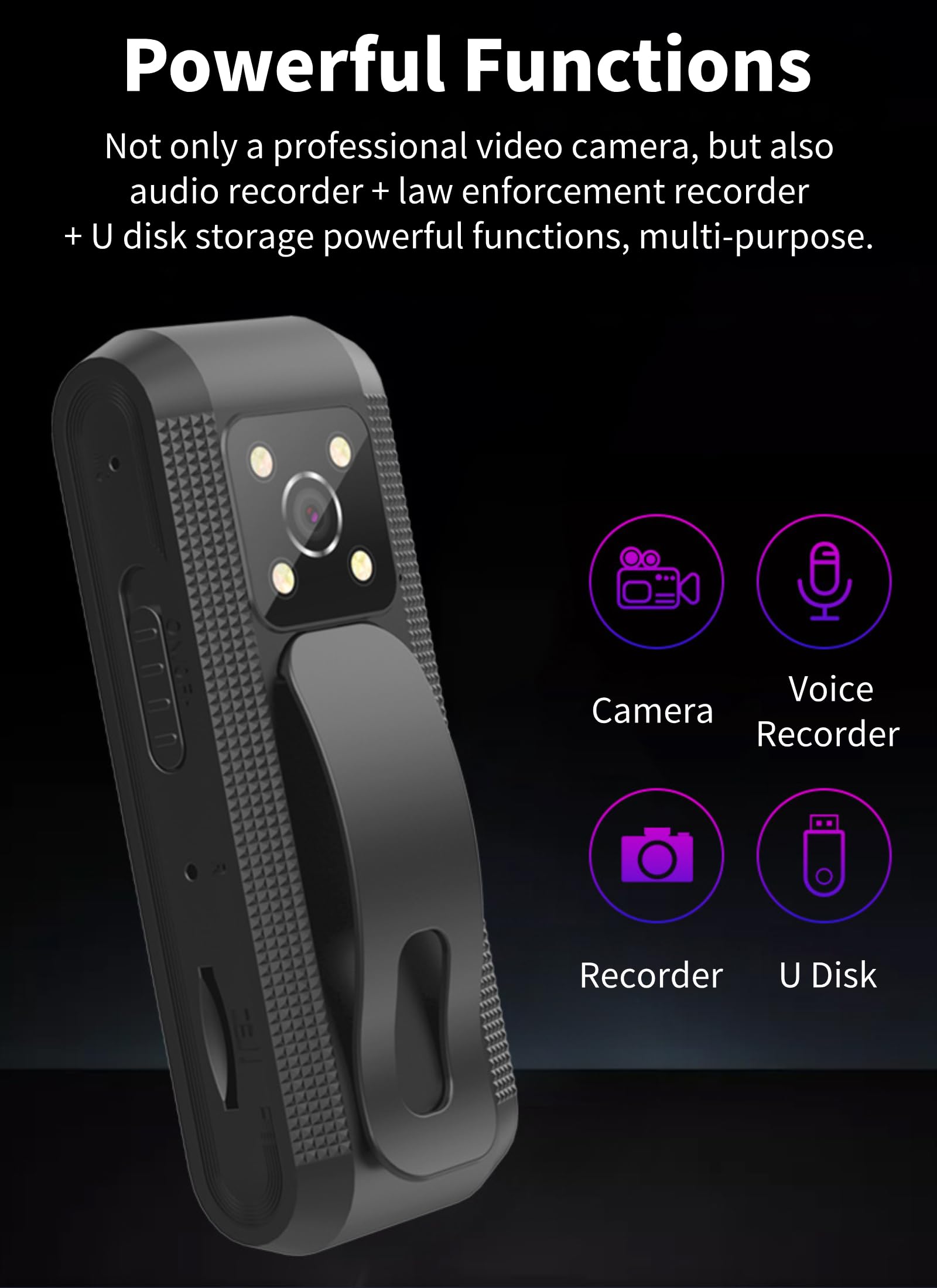 Diyeeni Camera del Corpo con Registrazione Audio e Video, HD 1080p Body Cam con Visione Notturna Automatica, Rilevamento del Movimento, Azione Sport con Videocamera Personale per
