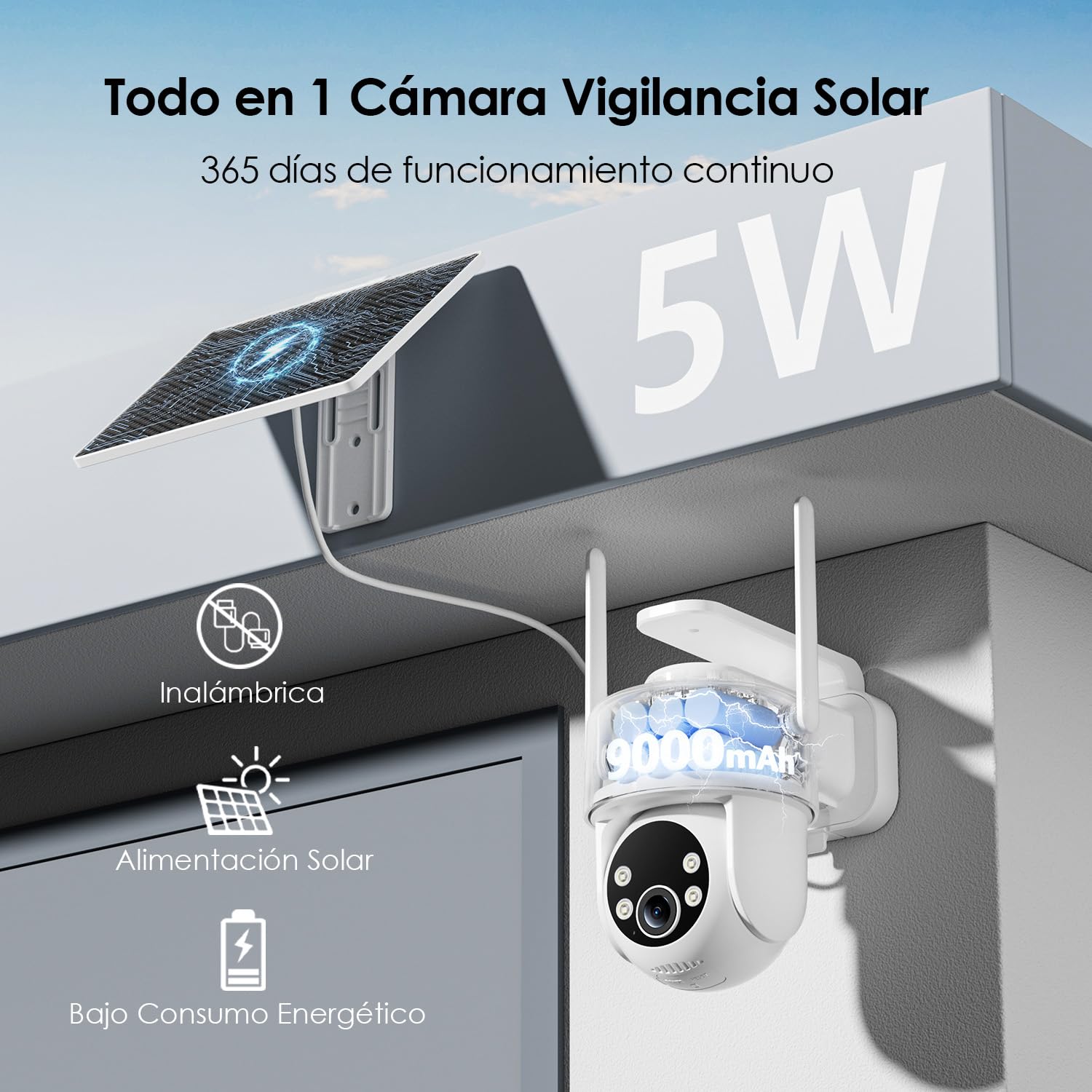 CZEview Todo en 1 Camara Vigilancia WiFi Exterior Solar con Batería, sin Cable, Seguridad Camaras Vigilancia Domicilio WiFi, Humana/PIR Sirena, Visión Nocturna Color, IP65 (2K Blanco 2a Gen)