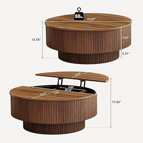 Vista 2 de Mesa de centro redonda de 33" con tapa elevable y almacenamiento de tapa abatible, mesas de centro acanaladas modernas con marco de metal, mesa Nuez