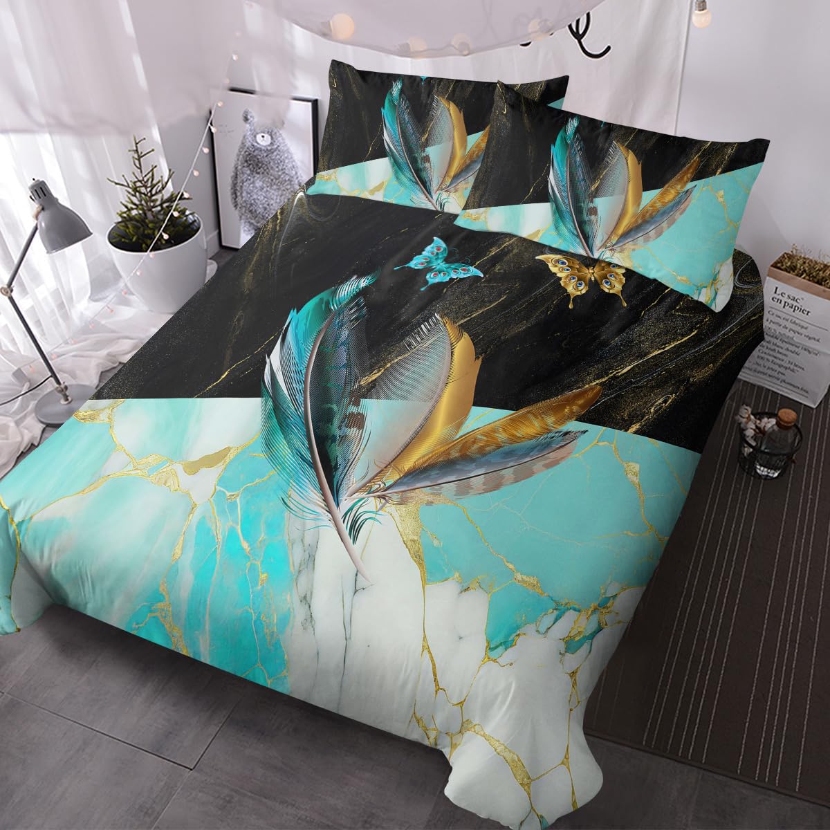 BlessLiving Bicolor Feather Pattern Duvet Cover Set 3 Pieces Super King Size Soft Warm Comfort Blue White Marble Grain Design Bedding Set with Zipper Closure for Kids Teens Adults Bedroom